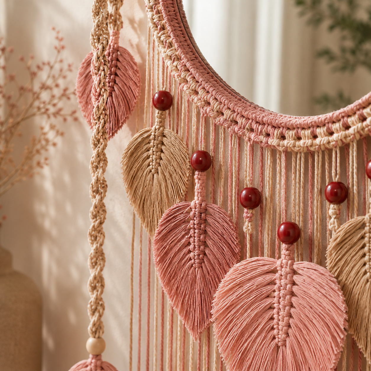 Rose Pink Macrame Mirror Wall Hanging with Shelf & Leaf Fringe