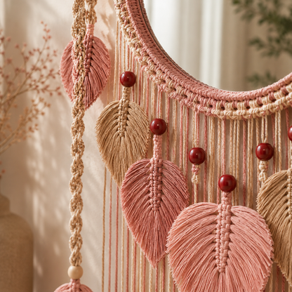 Rose Pink Macrame Mirror Wall Hanging with Shelf & Leaf Fringe