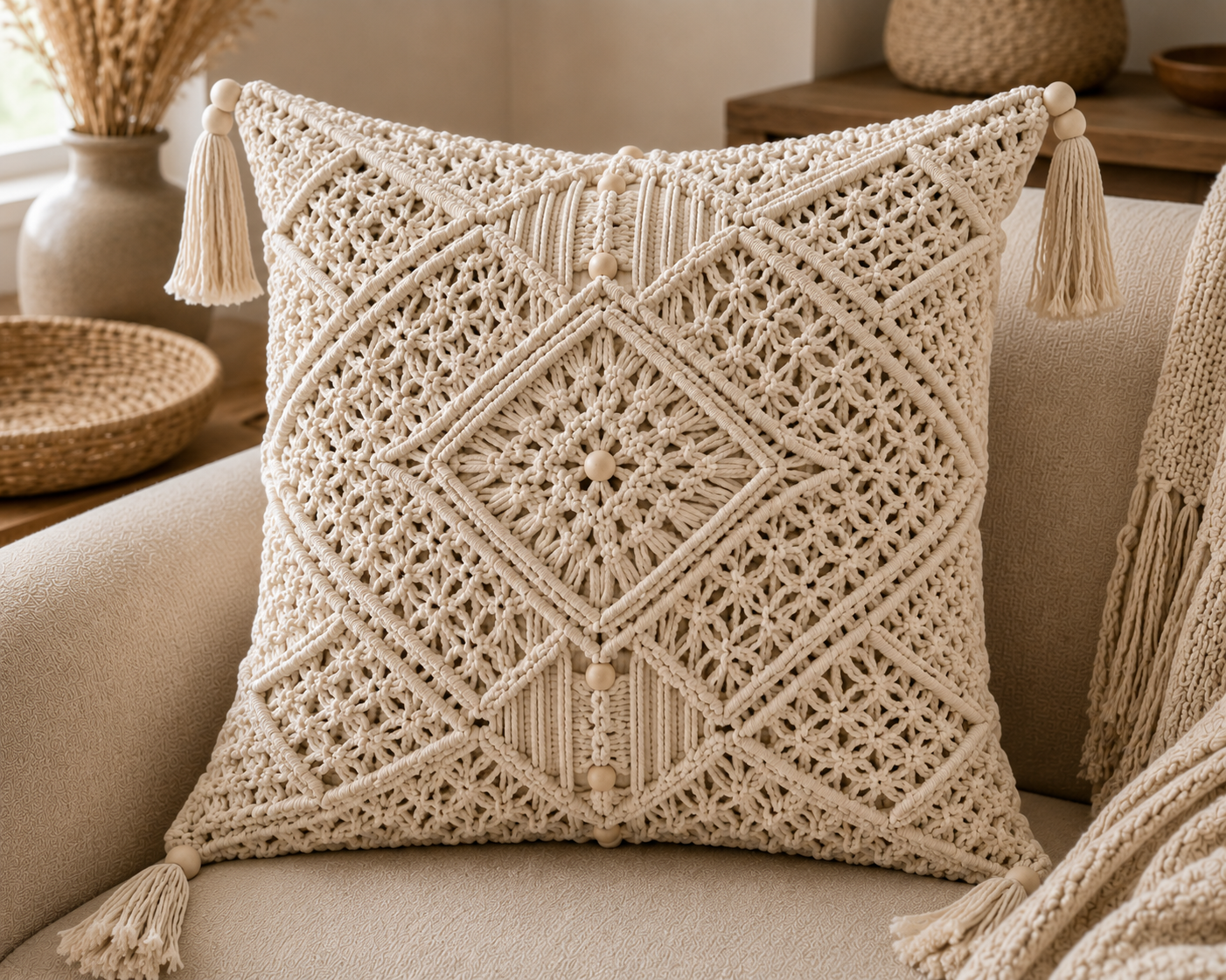 Natural Macrame Diamond Cushion Cover with Corner Tassels & Beads