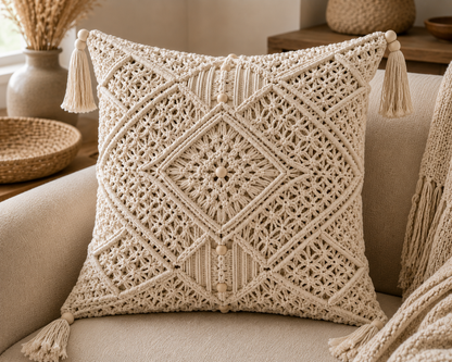 Natural Macrame Diamond Cushion Cover with Corner Tassels & Beads