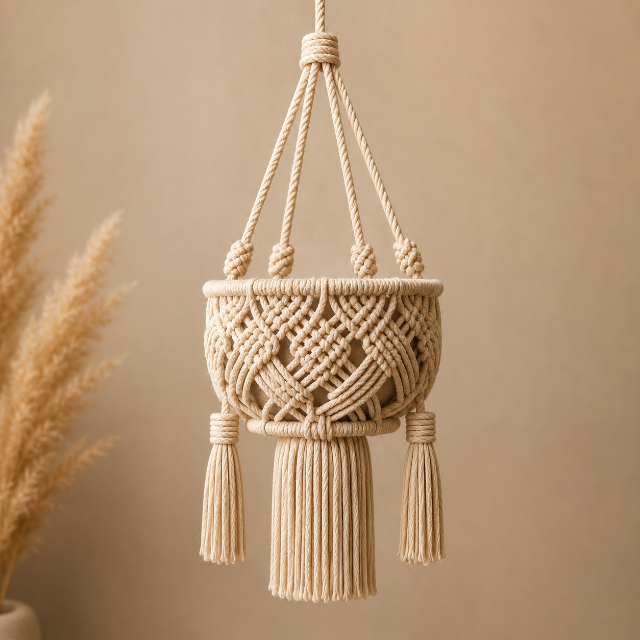 Natural Cotton Macrame Plant Hanger with Tassel Fringe