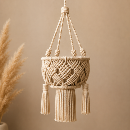 Natural Cotton Macrame Plant Hanger with Tassel Fringe