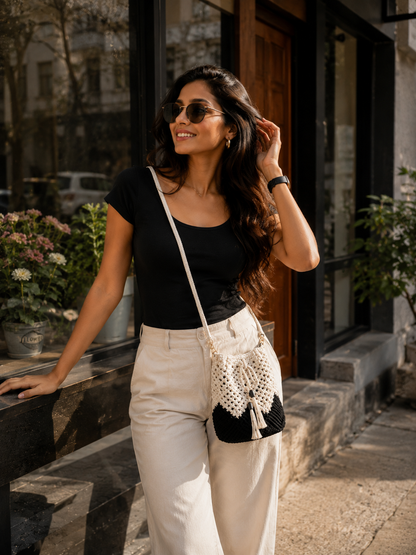 Black & White Macrame Bucket Bag