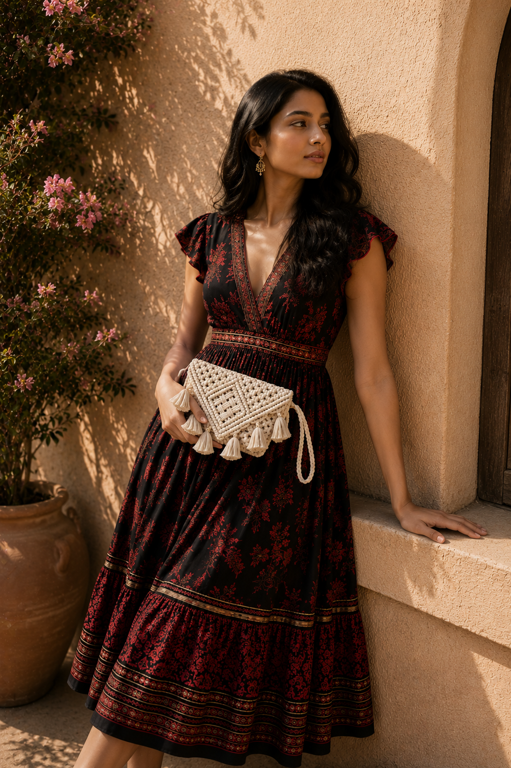 Natural Ivory Macrame Clutch Bag with Gold-Capped Tassel Fringe