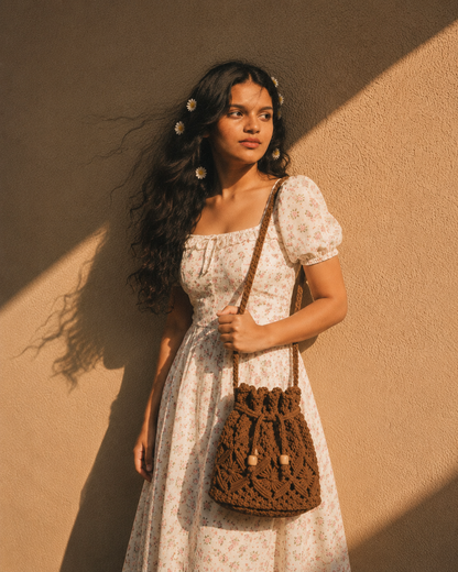 Chocolate Brown Macrame Bucket Bag with Drawstring & Wooden Beads