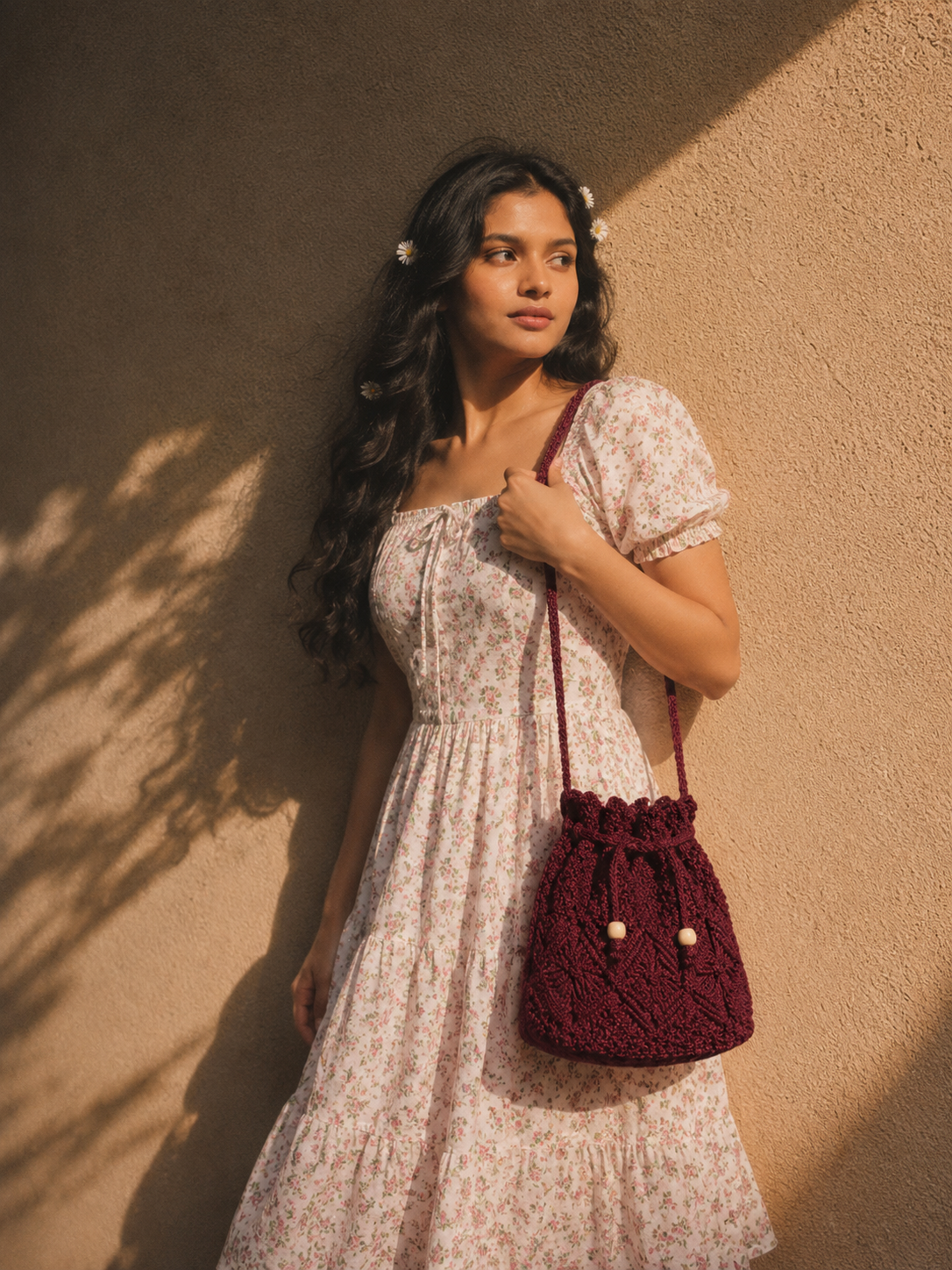 Burgundy Macrame Bucket Bag with Scallop Top & Wooden Beads
