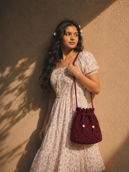 Burgundy Macrame Bucket Bag with Scallop Top & Wooden Beads
