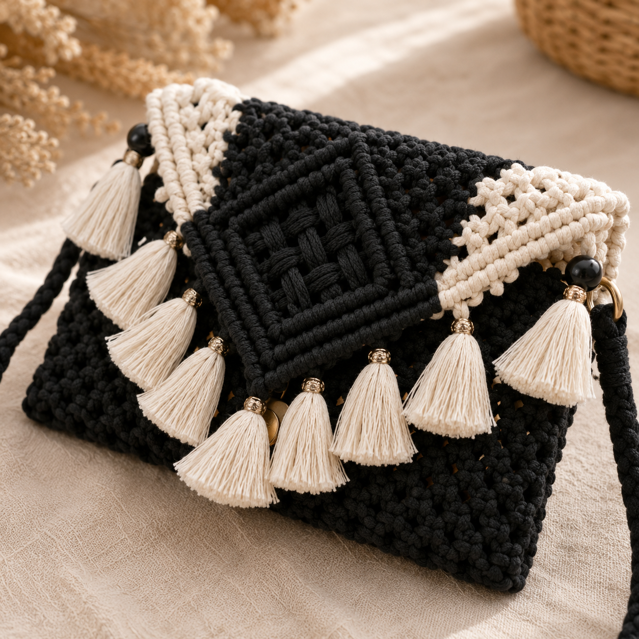 Black & Ivory Macrame Clutch