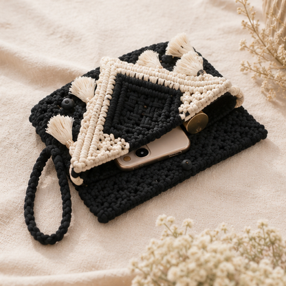 Black & Ivory Macrame Clutch
