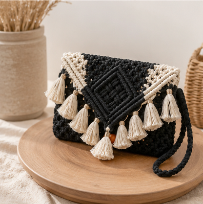 Black & Ivory Macrame Clutch