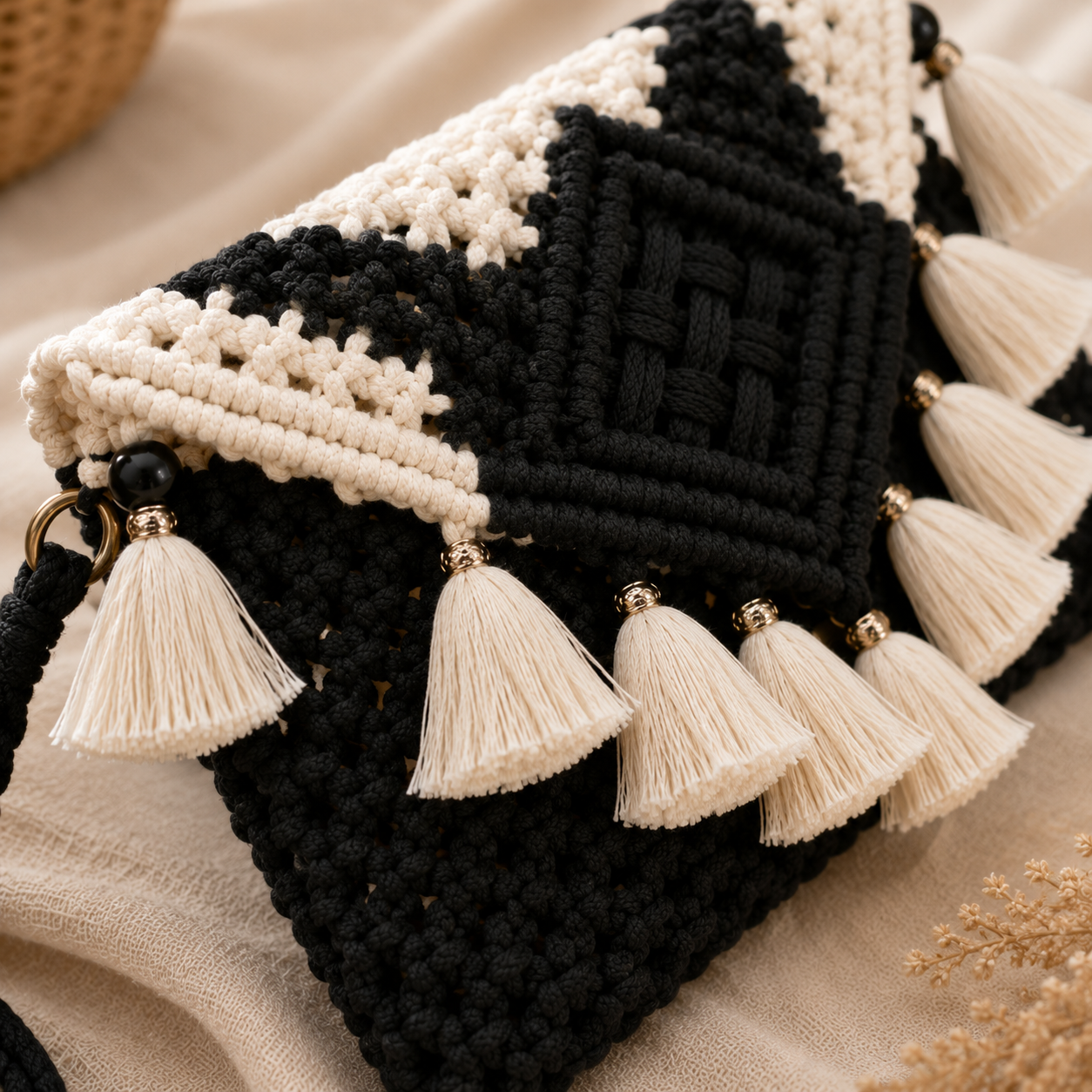 Black & Ivory Macrame Clutch