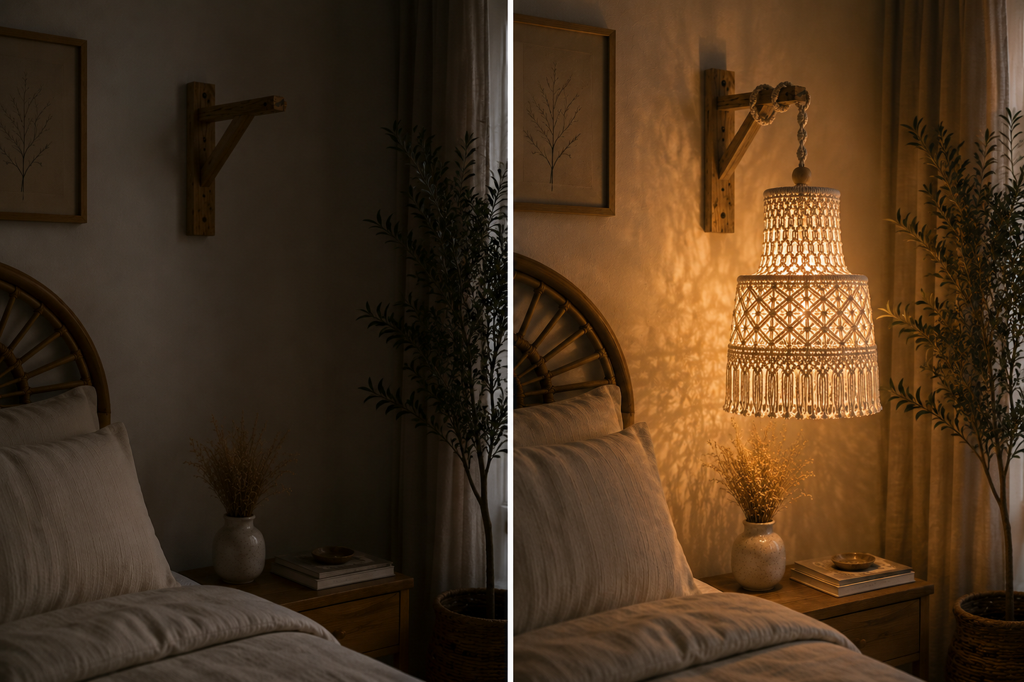 Natural Ivory Macrame Pendant Lamp Shade with Diamond Knotwork & Fringe