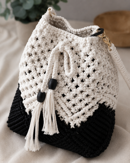 Black & White Macrame Bucket Bag
