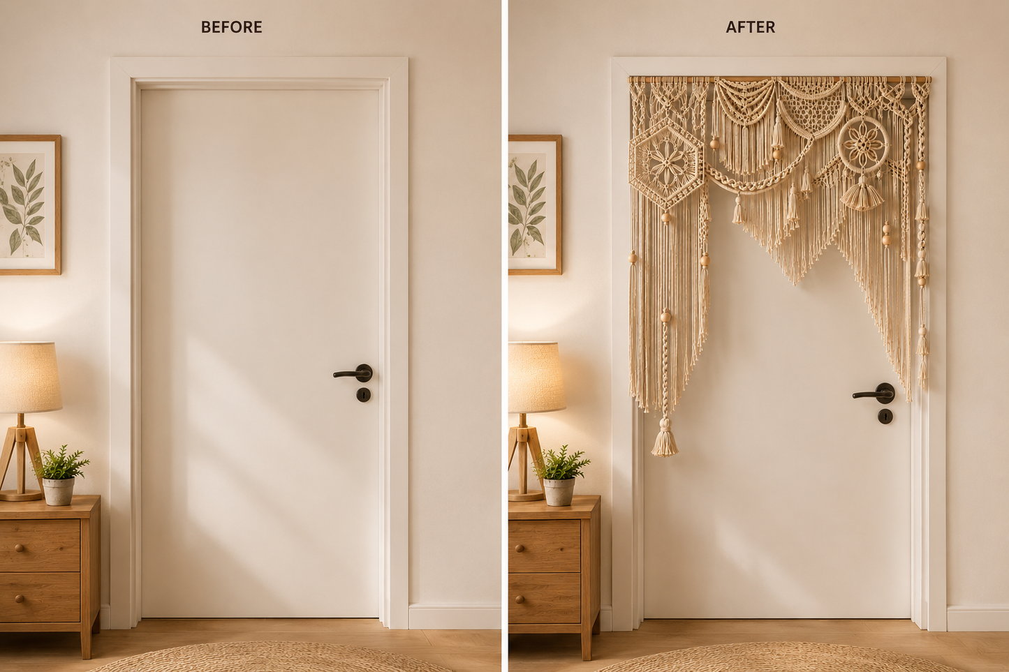 Natural Macrame Door Topper with Lace Medallions & Bead Fringe