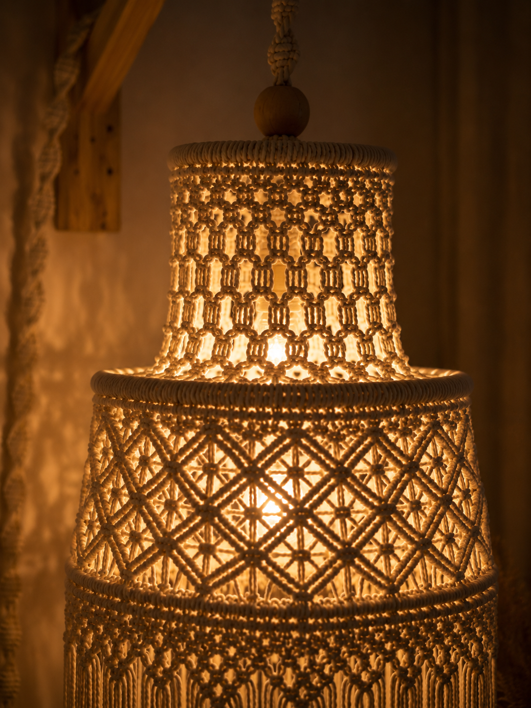 Natural Ivory Macrame Pendant Lamp Shade with Diamond Knotwork & Fringe