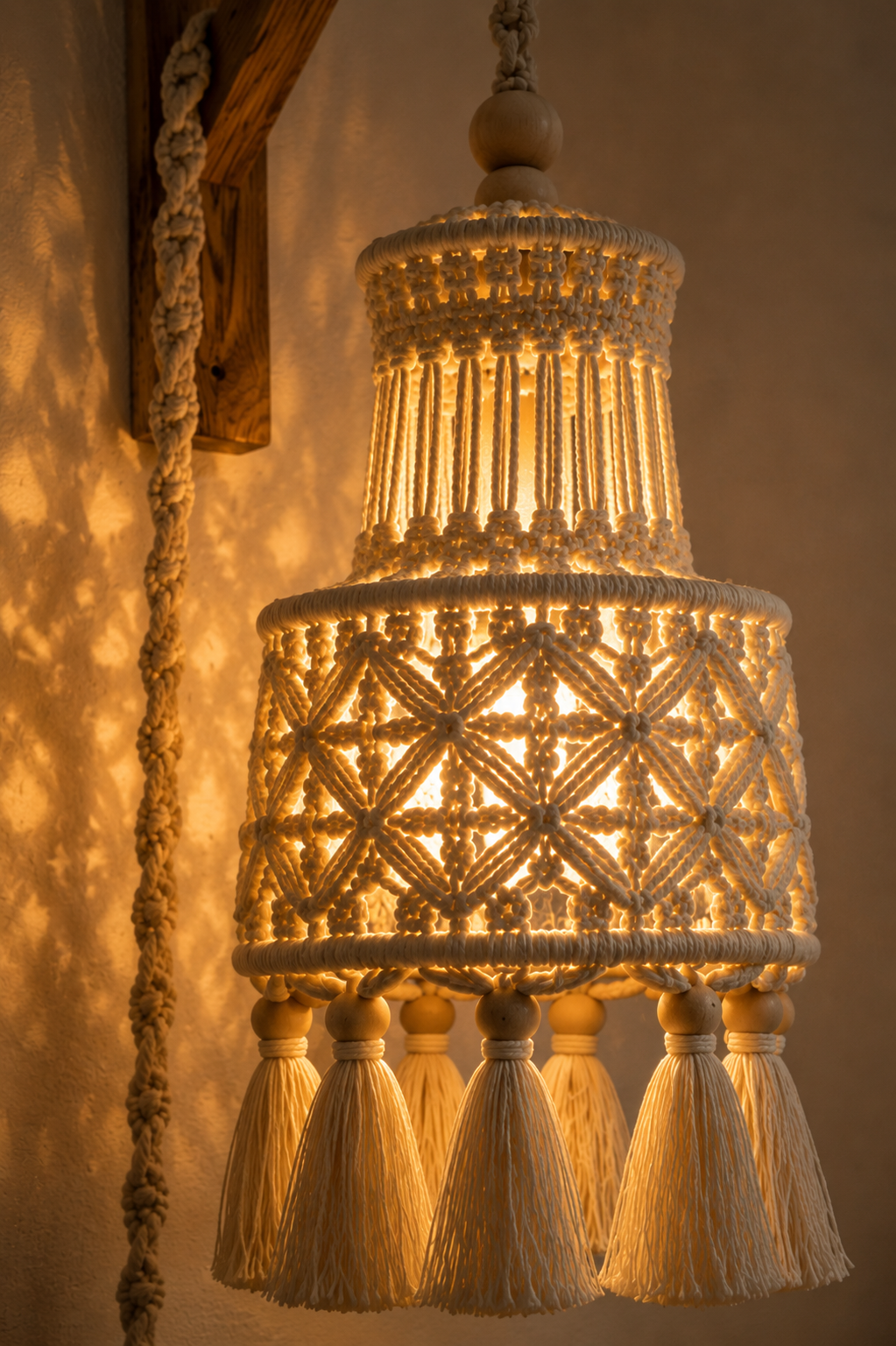 Natural Ivory Macrame Pendant Lamp Shade with Tassel Hem & Wooden Beads
