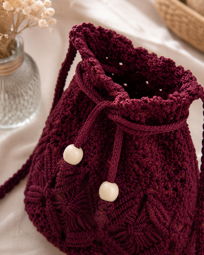 Burgundy Macrame Bucket Bag with Scallop Top & Wooden Beads