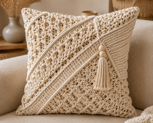 Ivory Macrame Diagonal Weave Cushion Cover with Bead & Tassel