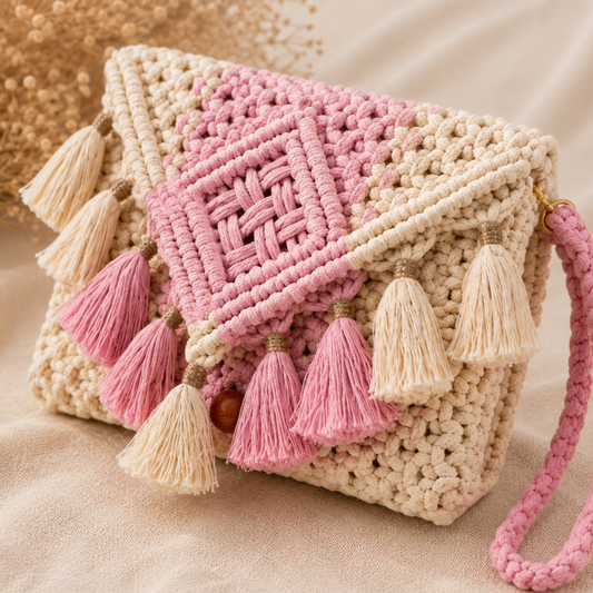 Blush Pink & Ivory Macrame Clutch