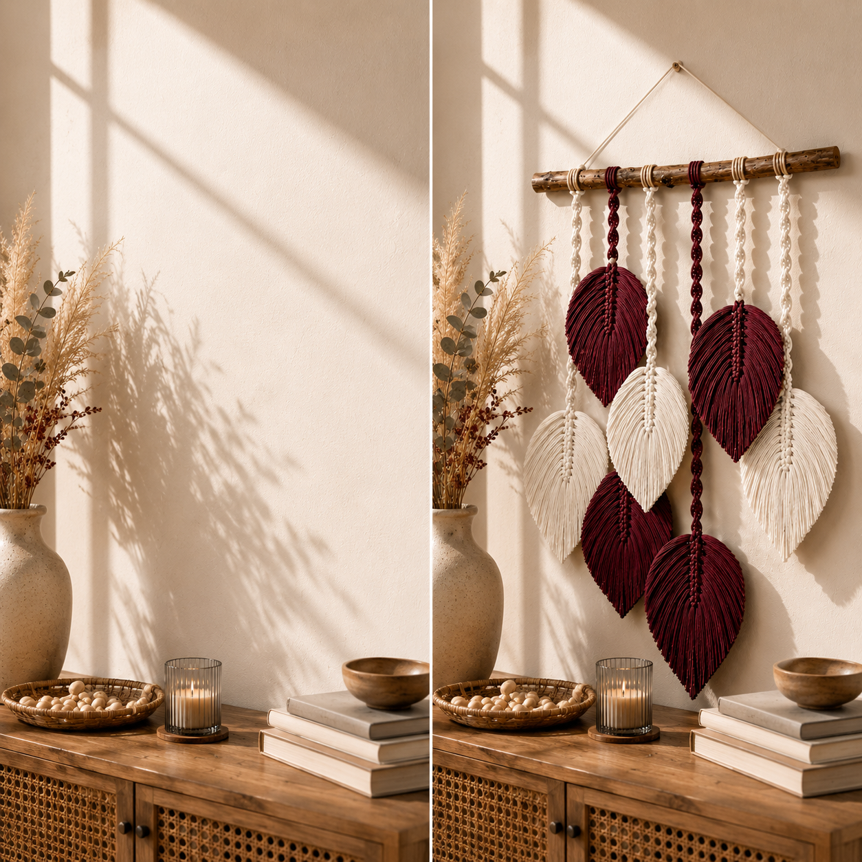 Burgundy & Ivory Macrame Feather Leaf Wall Hanging