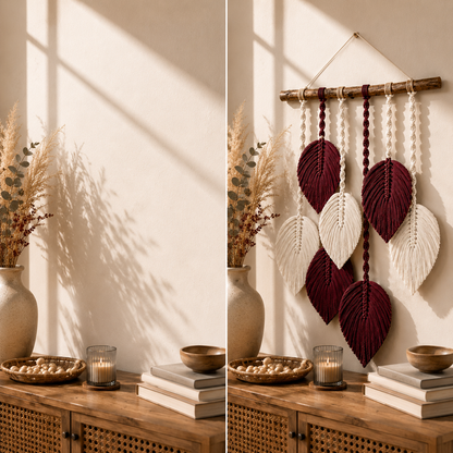 Burgundy & Ivory Macrame Feather Leaf Wall Hanging