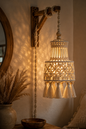 Natural Ivory Macrame Pendant Lamp Shade with Tassel Hem & Wooden Beads