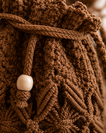 Chocolate Brown Macrame Bucket Bag with Drawstring & Wooden Beads