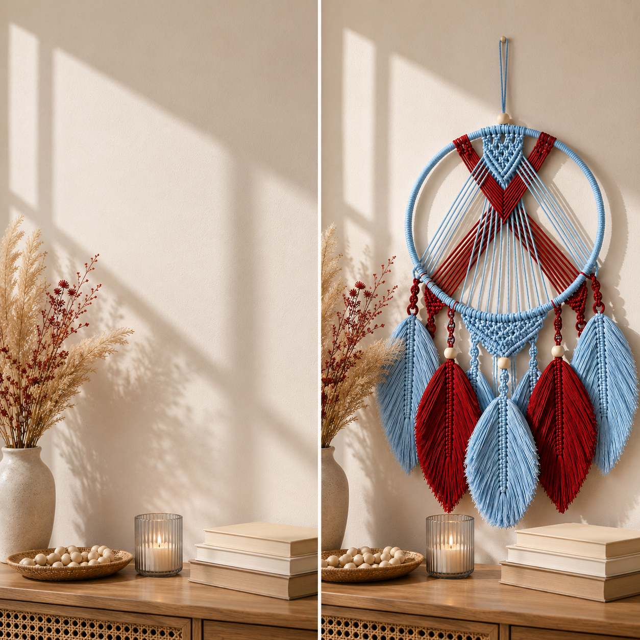Sky Blue & Red Macrame Dreamcatcher Wall Hanging with Feather Drops