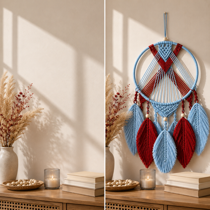 Sky Blue & Red Macrame Dreamcatcher Wall Hanging with Feather Drops