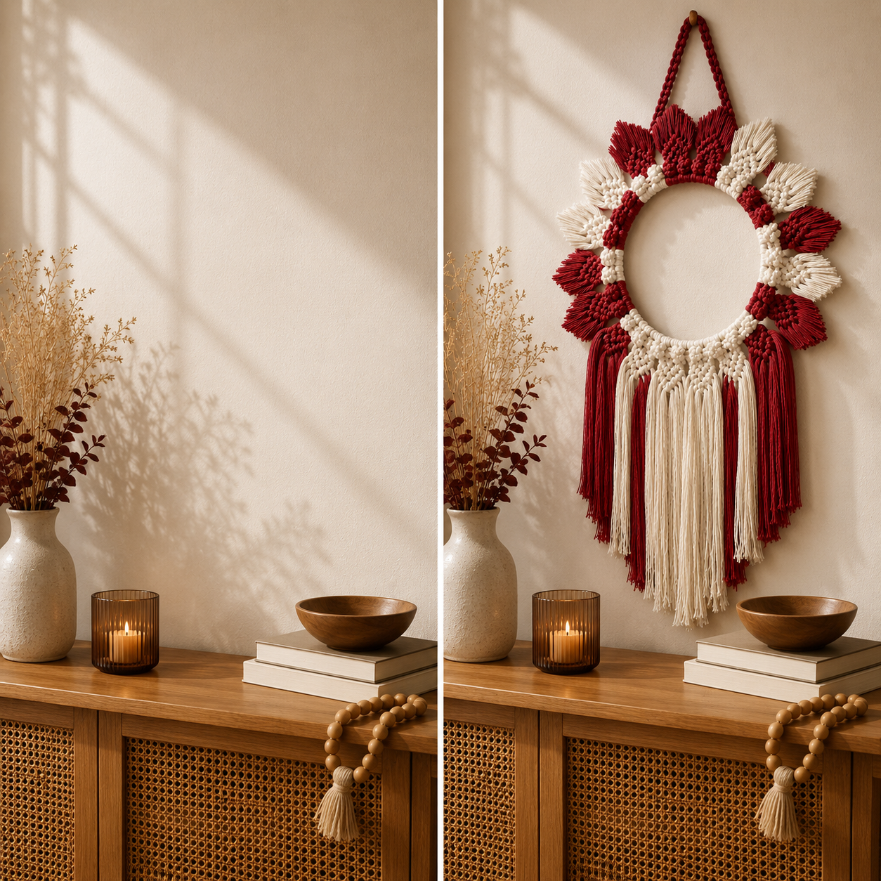 Crimson & Ivory Macrame Wreath Wall Hanging