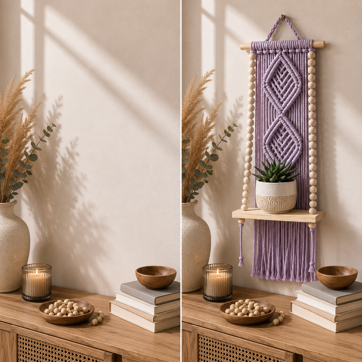 Lavender Macrame Diamond Wall Hanging with Wooden Shelf & Beads