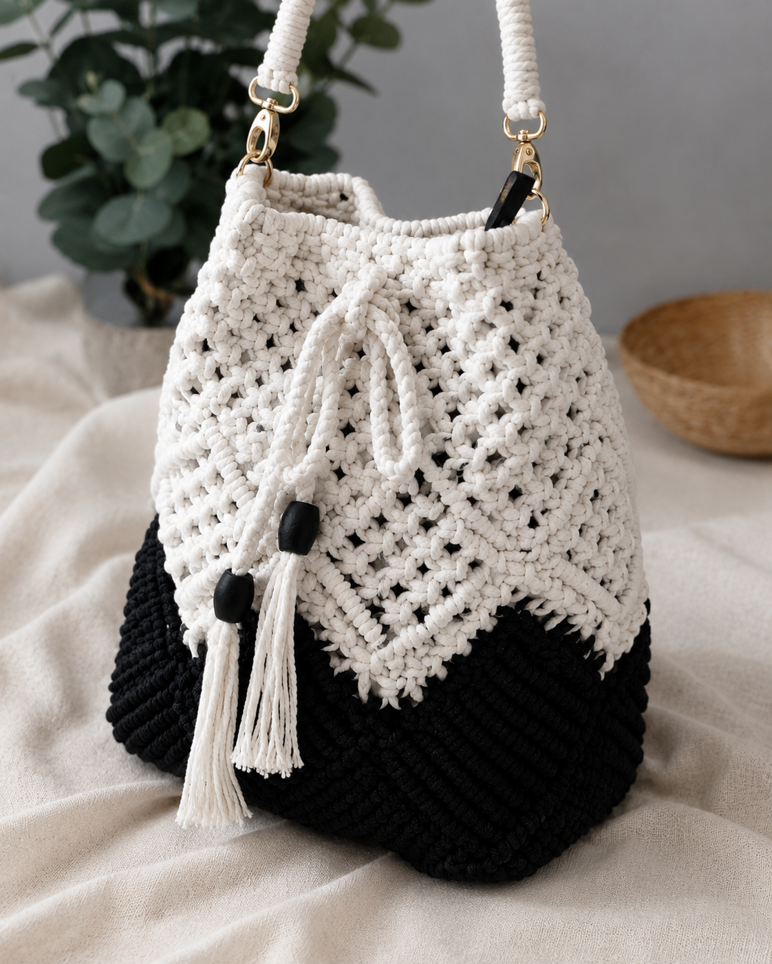 Black & White Macrame Bucket Bag