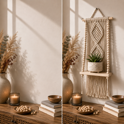 Natural Beige Macrame Diamond Wall Hanging with Wooden Shelf