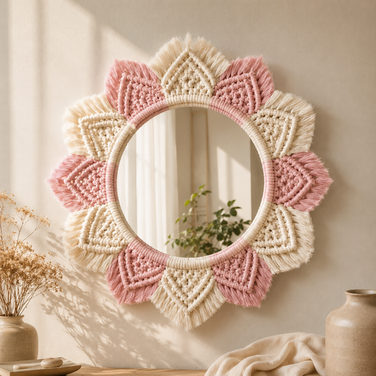 Blush & Ivory Macrame Lotus Wall Mirror