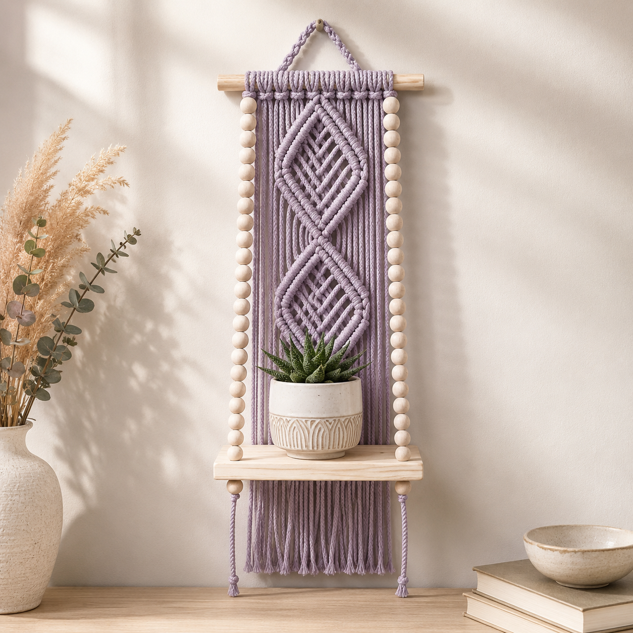 Lavender Macrame Diamond Wall Hanging with Wooden Shelf & Beads