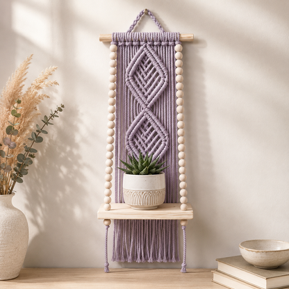 Lavender Macrame Diamond Wall Hanging with Wooden Shelf & Beads