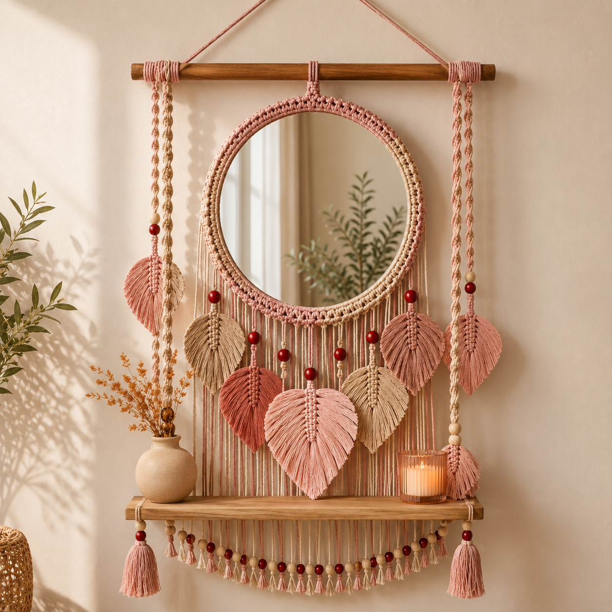 Rose Pink Macrame Mirror Wall Hanging with Shelf & Leaf Fringe