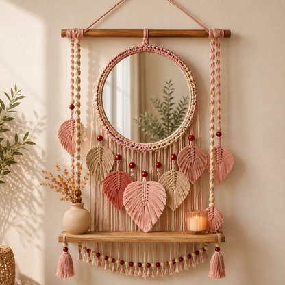 Rose Pink Macrame Mirror Wall Hanging with Shelf & Leaf Fringe