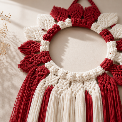 Crimson & Ivory Macrame Wreath Wall Hanging
