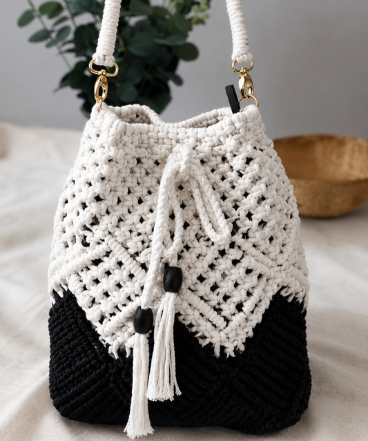 Black & White Macrame Bucket Bag