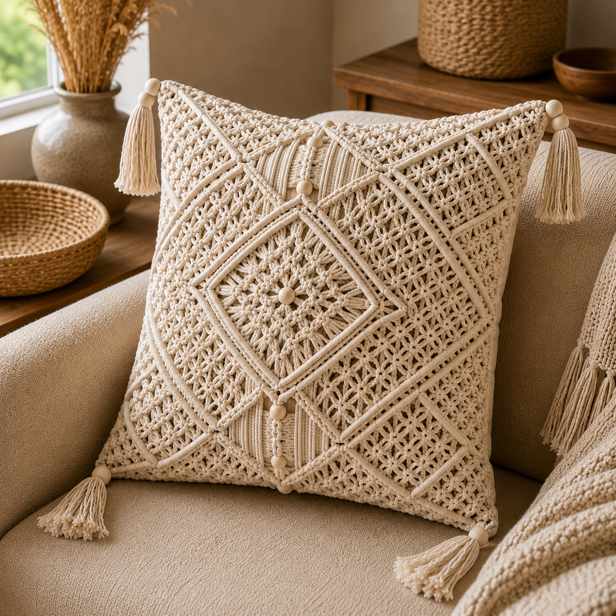 Natural Macrame Diamond Cushion Cover with Corner Tassels & Beads