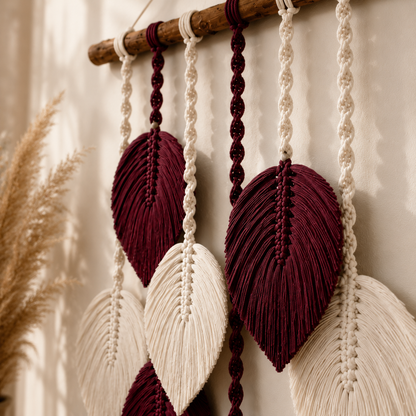 Burgundy & Ivory Macrame Feather Leaf Wall Hanging