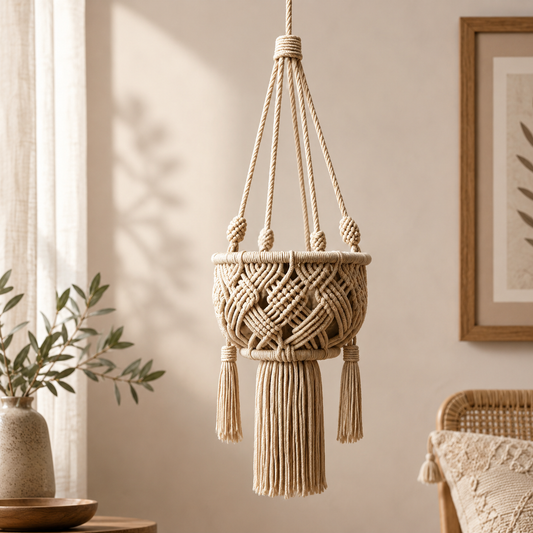 Natural Cotton Macrame Plant Hanger with Tassel Fringe