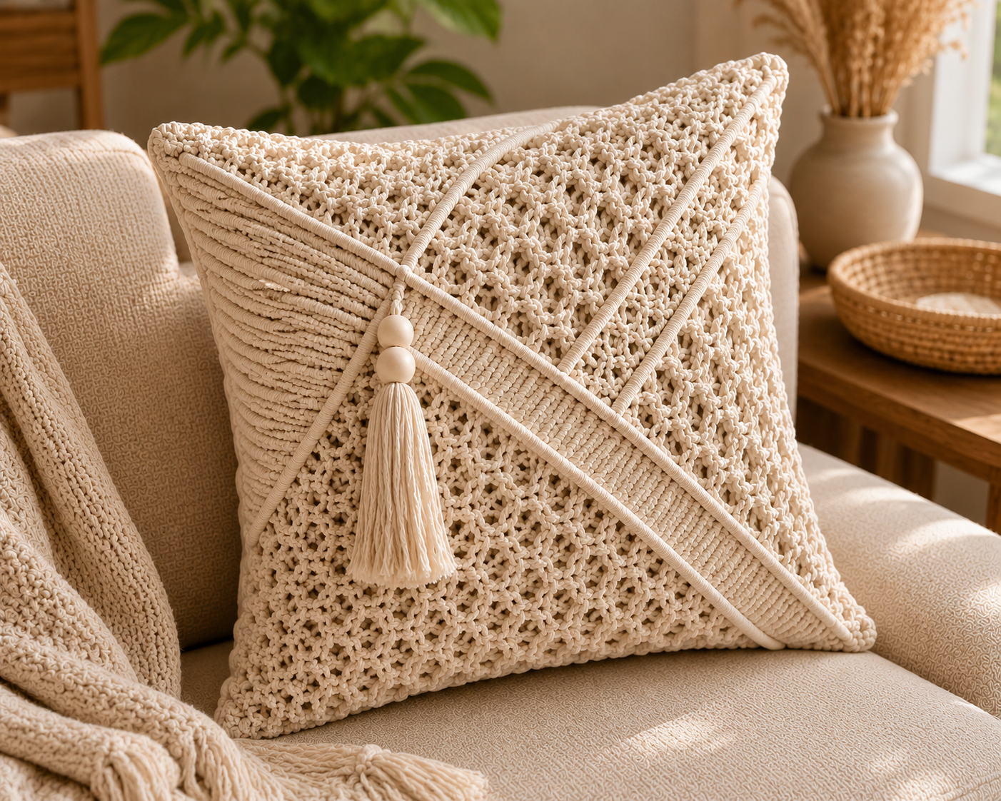 Ivory Macrame Diagonal Weave Cushion Cover with Bead & Tassel